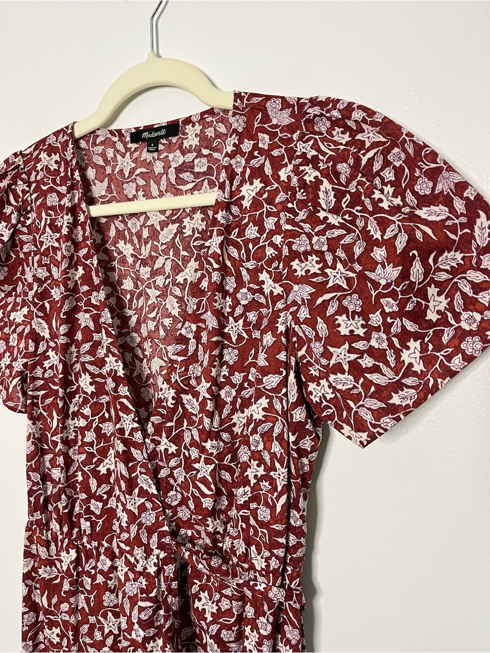 Madewell Maroon White Ditsy Floral Wrap Mini Dress Spring Summer Cottagecore Sm - Picture 3 of 8